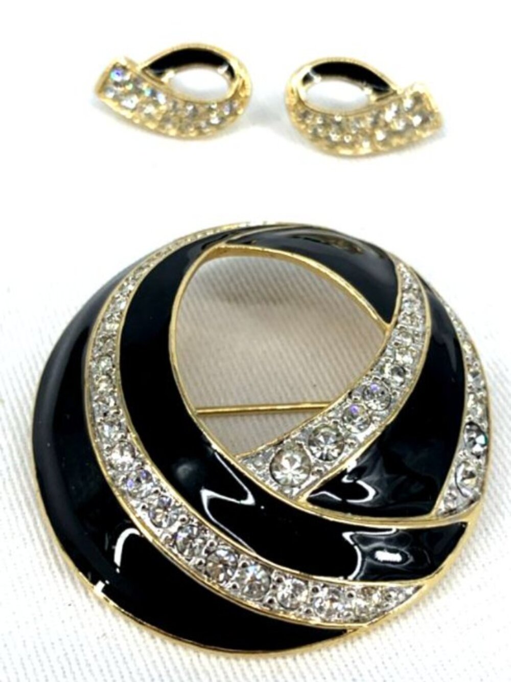 Trifari Black Enamel White Rhinestone Gold tone Brooch Pierced Earrings Set